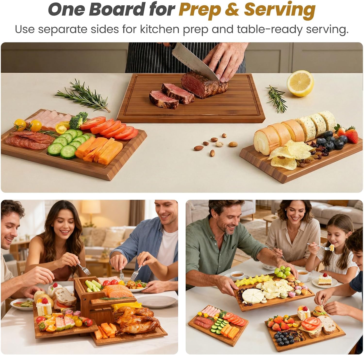 Meal Prep Juice - Bambus-Schneidebrett-Set mit Ständer, 3-teiliges doppelseitiges Schneidebrett-Set