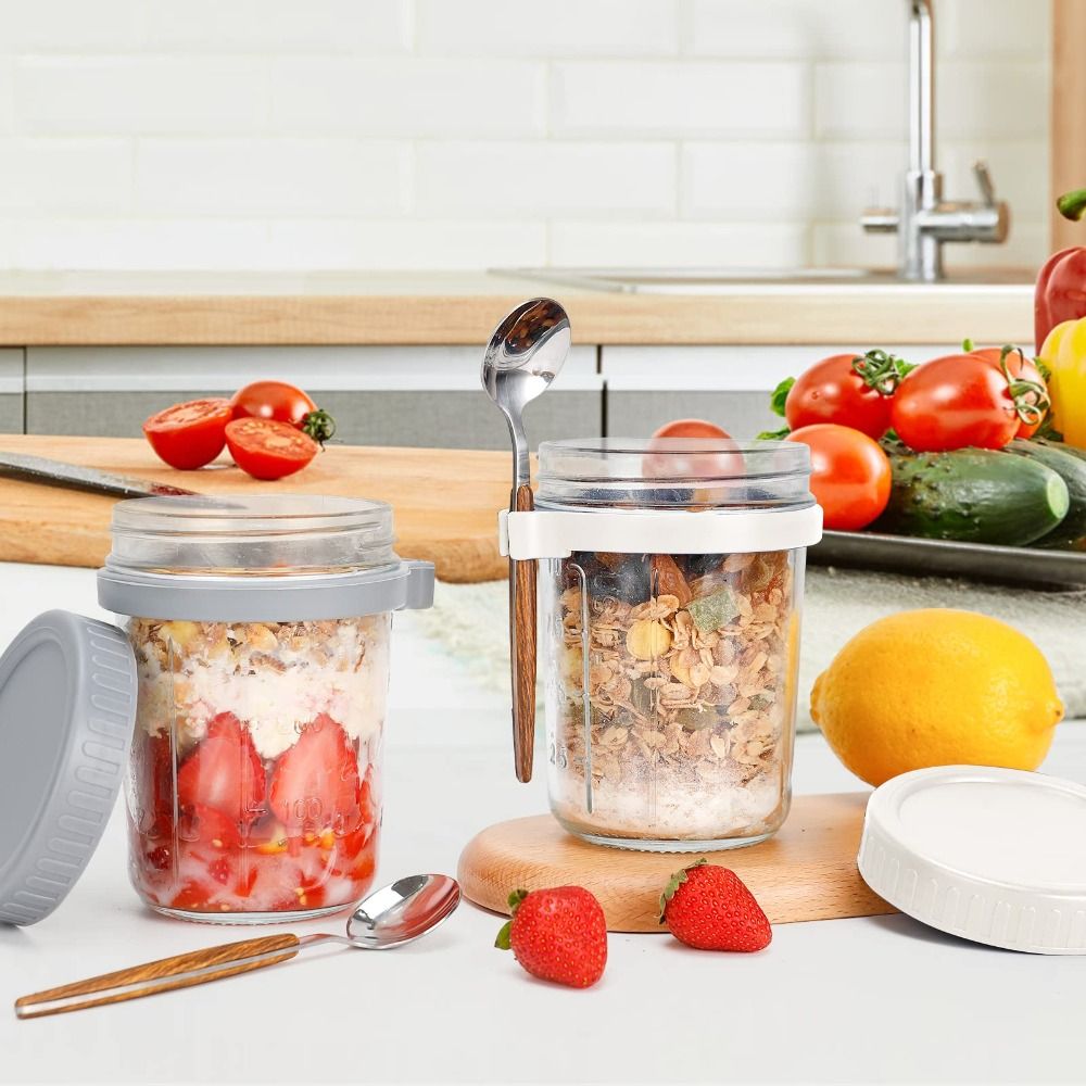 Overnight Oat Jar - Joghurtglas, 350 ml, Overnight-Hafergläser, Glas-Messmarkierungen, Haferflockenbehälter,